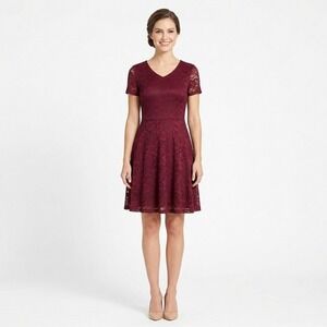 Bridesmay Womens Burgundy Floral Lace A-Line V-Neck Short Sleeve Dress Size XL